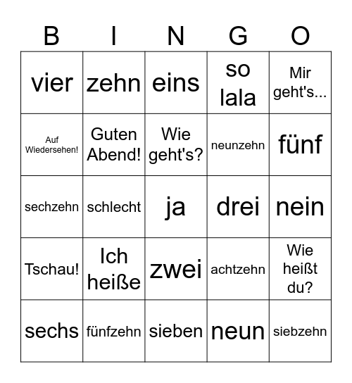 IWL - German Greetings Bingo Card