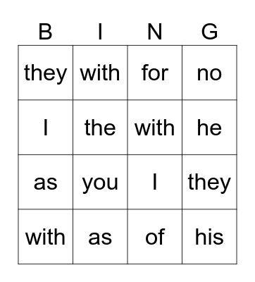 Sight Words Bingo Card