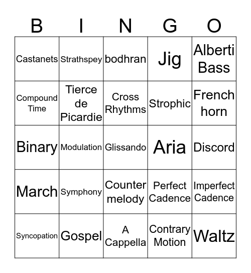 Music Concept Bingo Card