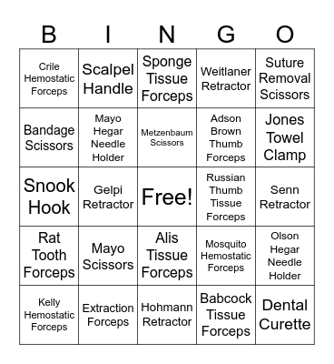 Surgical Instrument Bingo Card