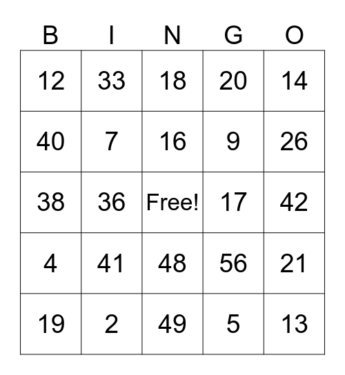 French Number Bingo Card