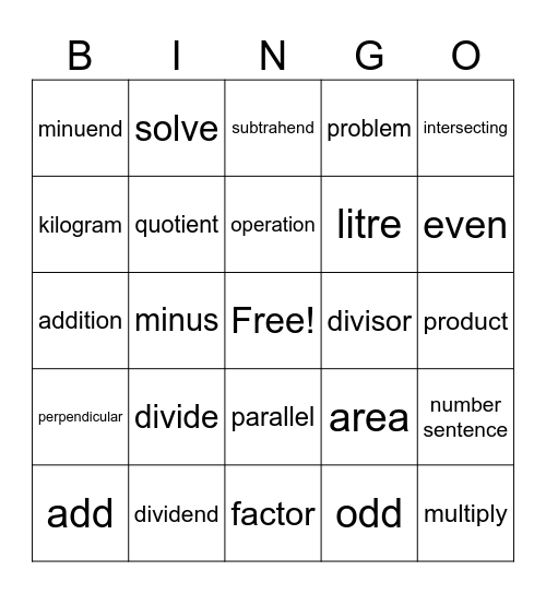 MATH words Bingo Card