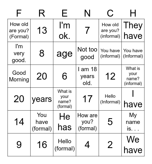 French Gretings/Numbers/Vocabulary Bingo Card