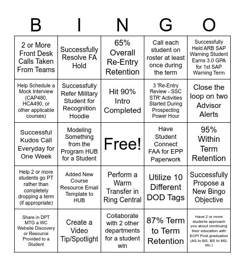 Student Services Bingo Card