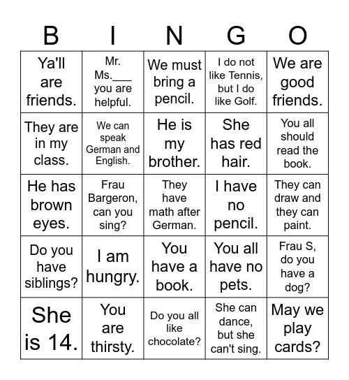 Deutsch 1 Sentence Types Bingo Card