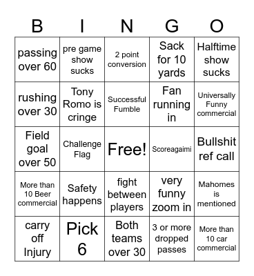 Super bowl Bingo Card