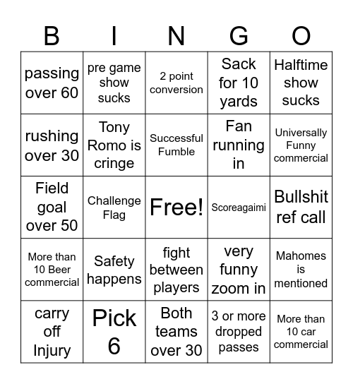 Super bowl Bingo Card