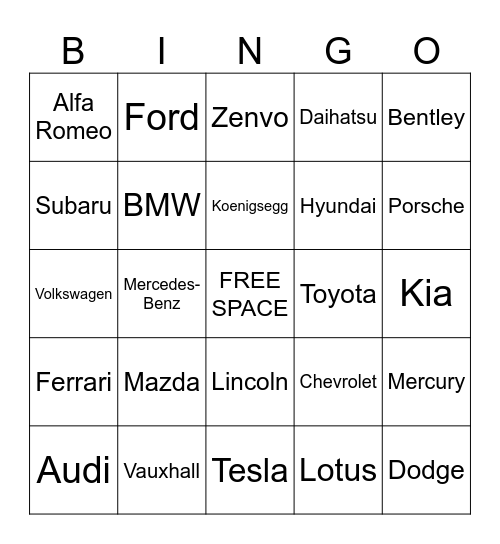 International Car Brands Bingo Card