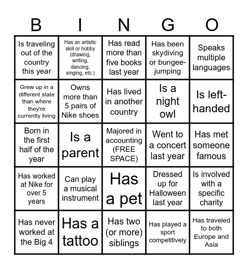 Nike GPO Team Bingo Card