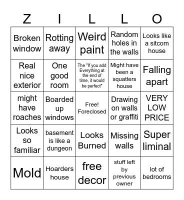 Zillow Forclosure Bingo Card