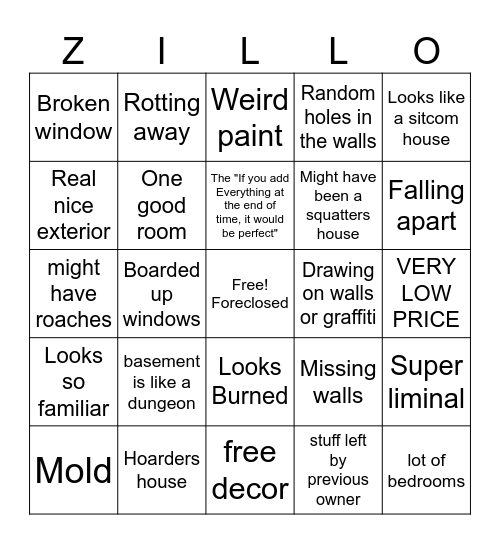 Zillow Forclosure Bingo Card