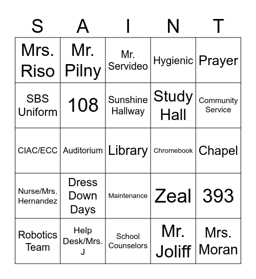 Student First and Last Name: ______________ Bingo Card