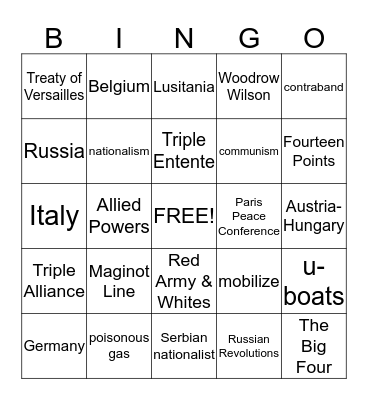 Chapter 18 World War I Bingo Card
