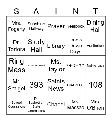 Student First and Last Name: ______________ Bingo Card