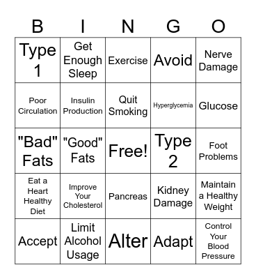 Diabetes Bingo Card