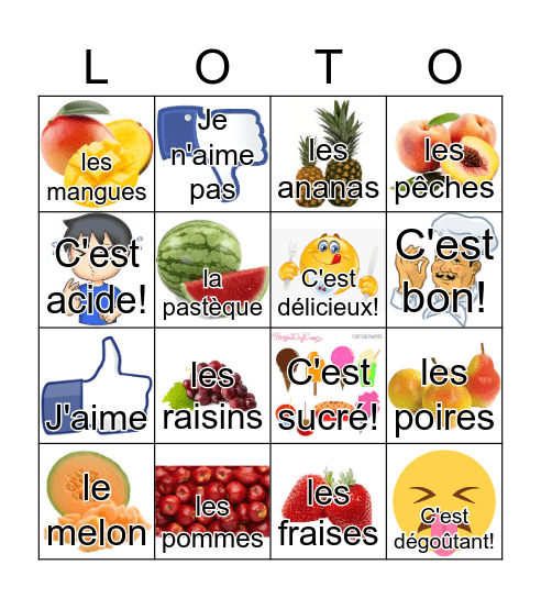 J'aime les fruits! Bingo Card