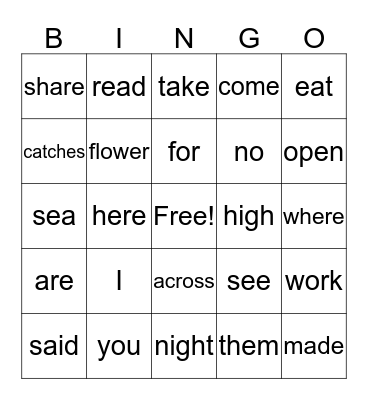 Sight Word Bingo Card