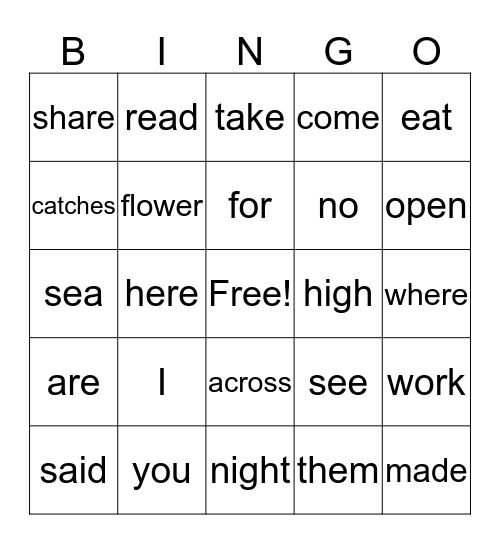 Sight Word Bingo Card