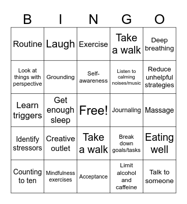 Anxiety Coping Strategies Bingo Card