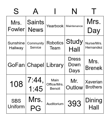 Student First and Last Name: ______________ Bingo Card