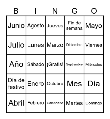 Spanish Calendar Bingo Card