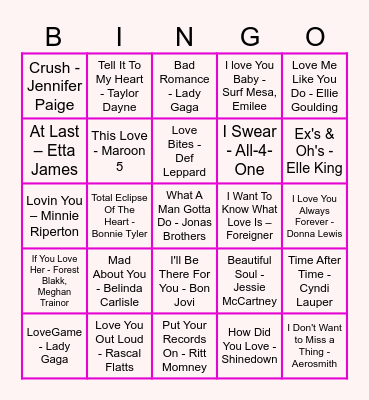 VALENTINE'S DAY SONGS Bingo Card