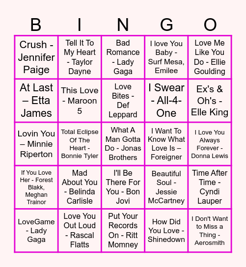 VALENTINE'S DAY SONGS Bingo Card