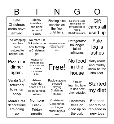 Holiday Hangover Bingo Card