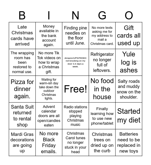 Holiday Hangover Bingo Card