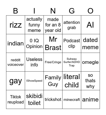 YouTube Shorts Bingo Card
