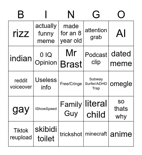 YouTube Shorts Bingo Card