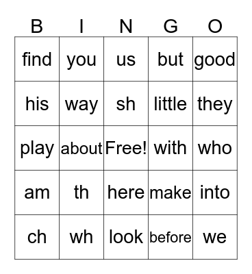 sight words & digraphs  Bingo Card