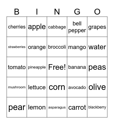 food bingo Card