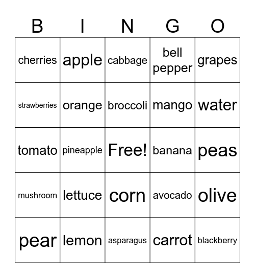 food bingo Card