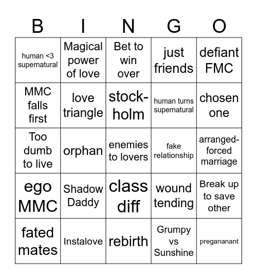 Fantasy Romance Tropes Bingo Card