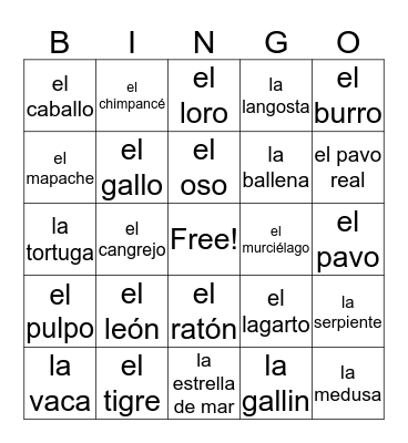Spanish 2 Vocabulary Bingo Card