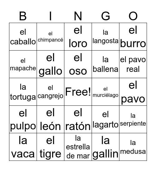 Spanish 2 Vocabulary Bingo Card