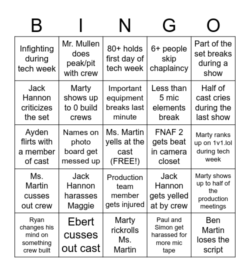 Stage Crew/Tech Week Bingo Card