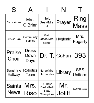 Student First and Last Name: _____________ Bingo Card