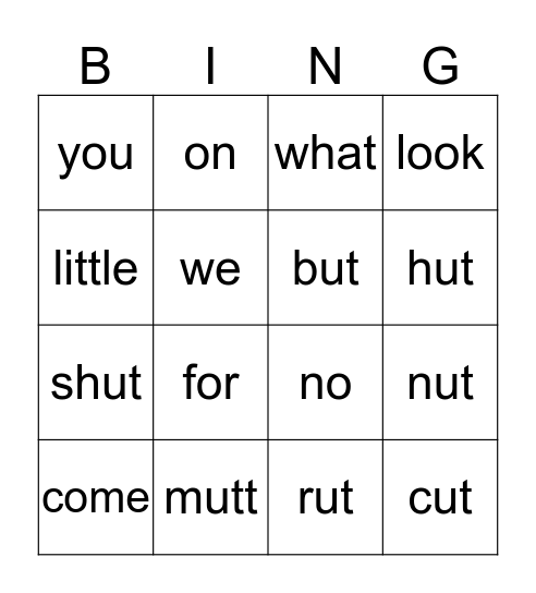 ut word family and sight words Bingo Card