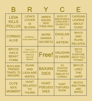 House of Flame and Shadow Bingo Card