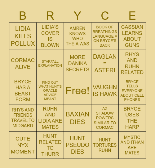 House of Flame and Shadow Bingo Card