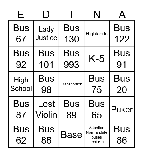 School Bus Bingo Card