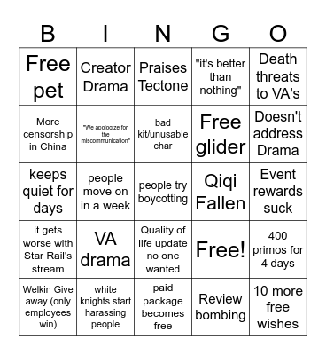Genshin 4.4 Drama Predictions Bingo Card