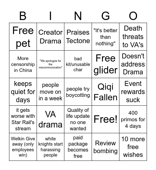 Genshin 4.4 Drama Predictions Bingo Card