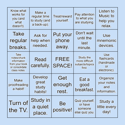 Study Skills BINGO Card