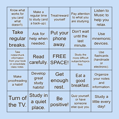 Study Skills BINGO Card