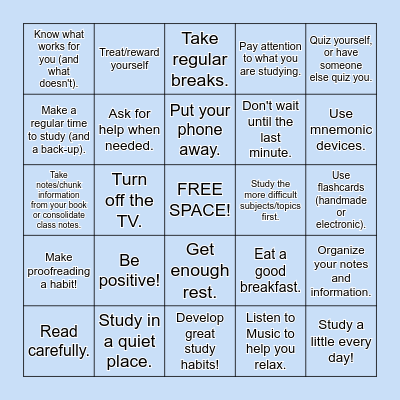 Study Skills BINGO Card