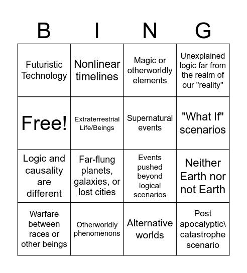 Science Fiction & Fantasy Bingo Card