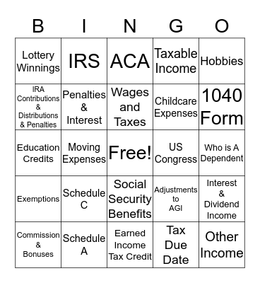 Tax Chat Bingo Card